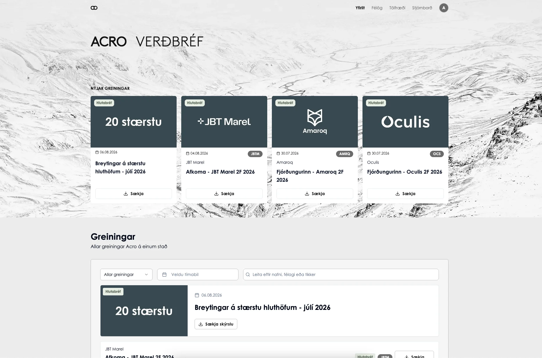 ACRO Greiningar — A platform for ACRO to deliver analysis reports to their clients